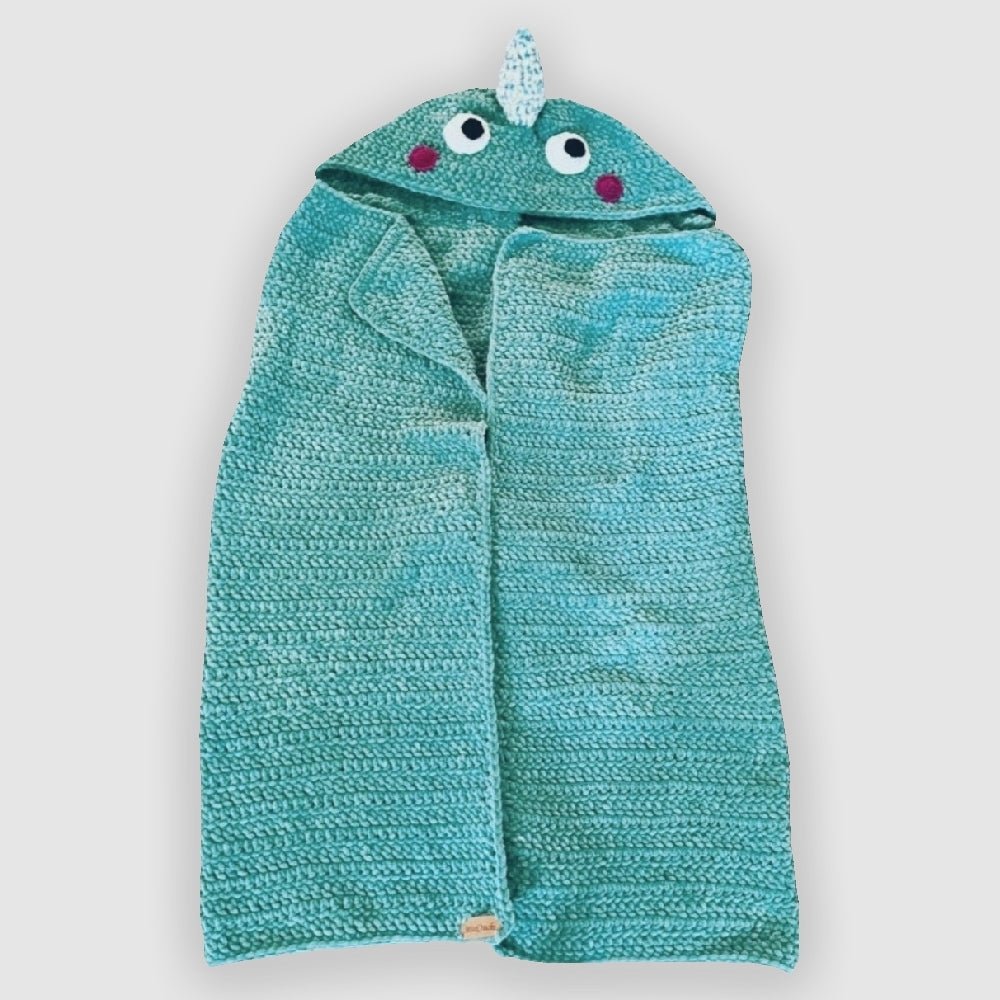 Cozy dinosaur blanket with hood – handmade crochet blanket for children.